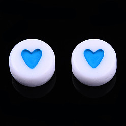 Dodger Blue Opaque Acrylic Beads, with Enamel, Flat Round with Heart, Dodger Blue, 7x3.5mm, Hole: 1.2mm, about 3600~3700pcs/500g