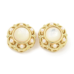 Настоящее золото 18K Многониточные звенья из латуни и АБС-пластика с имитацией жемчуга и ракушек в виде цветка, реальный 18 k позолоченный, 11x6.5 мм, отверстие : 1.1 мм