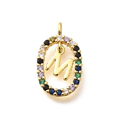 Letter M Латунные микро проложить кубического циркония подвески, без кадмия, без никеля и без свинца, реальный 18 k позолоченный, овал с подвесками в виде букв, Буква М, 18.5x11x3.5 мм, отверстие : 2x1.5 мм