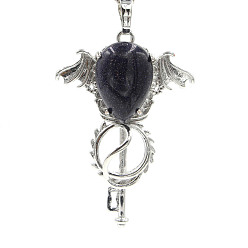 Blue Goldstone Synthetic Blue Goldstone Pendants, with Platinum Plated Brass Findings, Wing with Key Charms, 47x32x11mm