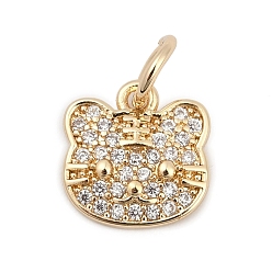 Cat Shape Латунные микро проложить кубического циркония прелести, с целью перехода в кольце, реальный 18 k позолоченный, форма кошки, 10x9.5x2 мм, отверстие : 3.5 мм