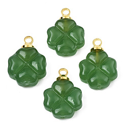 Green Glass Charms, with Golden Brass Loops, Clover, Green, 14.5x10.5x4.5mm, Hole: 1.6mm & 1mm