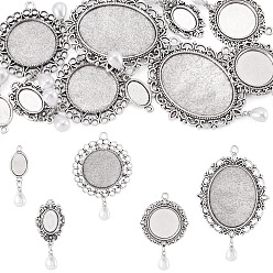 Antique Silver 10Pcs 5 Style Alloy Pendant Cabochon Settings, with ABS Plastic Imitation Pearl, Oval, Antique Silver, 38~75mm