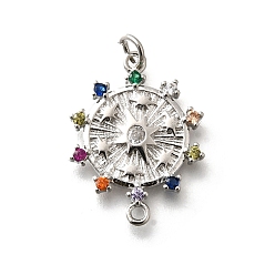 Платинированный Подвески-подвески из латуни с разноцветными кубическими цирконами и солнечными подвесками, без кадмия, без никеля и без свинца, с прыжковых колец, Реальная платина, 24x18x2 мм, отверстие : 3 мм