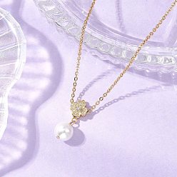 Золотой Латунные микропаве прозрачные кубические цирконии и ракушечные жемчужины круглые ожерелья с подвесками в виде клевера, 304 женские ожерелья-цепочки из нержавеющей стали, золотые, 15.55 дюйм (39.5 см)