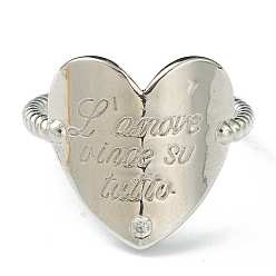 Platinum Brass Cubic Zirconia Cuff Rings, Heart, Platinum, Inner Diameter: 17.5mm, Pendant: 17.5x17mm