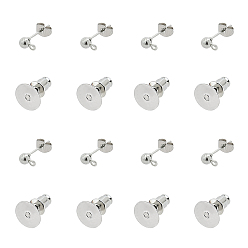 Stainless Steel Color DIY Earring Making, with Iron Ball Stud Earring Findings, Flat Round Blank Peg Stud Earring Settings and Ear Nuts, Stainless Steel Color, 400pcs/set