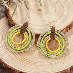 Желто-Зеленый Плоские круглые серьги из сплава стеклянных бусин, с искусственной кожей, золотые, желто-зеленый, 65x45 мм