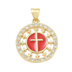 Red Religion Cross Brass Micro Pave Clear Cubic Zirconia Pendants, Flat Round Charms with Enamel, Lead Free & Cadmium Free, Long-Lasting Plated, Rack Plating, Real 18K Gold Plated, Red, 21x19x2mm, Hole: 5x3.5mm