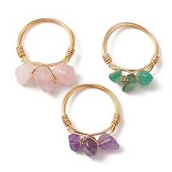 Смешанные камни Кольца на палец из натуральных смешанных драгоценных камней с бисером, украшения из медной проволоки, золотые, размер США 7 1/4 (17.5 мм)