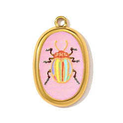 Pink Печатные 304 подвески из нержавеющей стали, овальные подвески с рисунком насекомых, зеркальная полировка, ионное покрытие (ip), реальный 18 k позолоченный, розовые, 28x17 мм