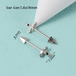 Arrow 304 Кольца для сосков из нержавеющей стали с прозрачным кубическим цирконием, цвет нержавеющей стали, стрелка, 8.5x7.3 мм