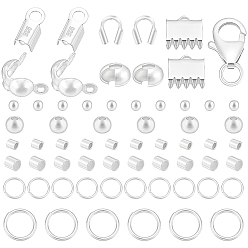 Silver DIY Sterling Silver Findings Kits, include 2Pcs Crimp Beads Cover, 1Pc Lobster Claw Clasps, 2Pcs Bead Tips, 2Pcs Ribbon Ends, 16Pcs 2 Styles Round Beads, 10Pcs Tube Bead, Silver, 5x4x2.5mm