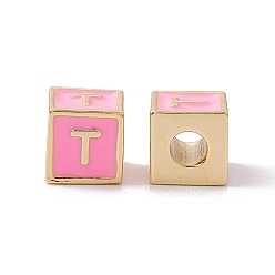Letter T Стойки покрытие латунь эмаль бисер, без кадмия, без никеля и без свинца, реальный 18 k позолоченный, куб с письмом, розовый жемчуг, letter.t, 6x6x6 мм, отверстие : 2.5 мм