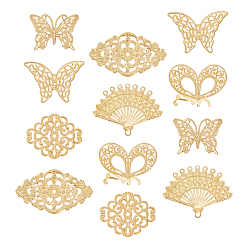 Doré  72pcs 6 liens de jonction en filigrane de fer de style, embellissements en métal gravé, losange et éventail et papillon, or, 12 pcs / style