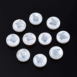 Platinum Natural Freshwater Shell Beads, with Brass Metal Embellishments, Flat Round with Butterfly, Platinum, 8x4~5mm, Hole: 0.6mm