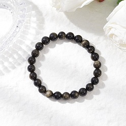 Золотой Обсидиан Браслеты из натурального золотистого обсидиана с круглыми бусинами для мужчин и женщин, внутренний диаметр: 2-1/4 дюйм (5.75 см)