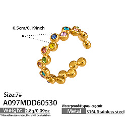 Colorful 316 Stainless Steel Pave Cubic Zirconia Cuff Open Rings, Round, Golden, Colorful, US Size 7(17.3mm)