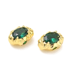 Green Brass Pave Cubic Zirconia Beads, Irregular Oval, Rack Plating, Long-Lasting Plated, Lead Free & Cadmium Free, Real 18K Gold Plated, Green, 13x9x7.5mm, Hole: 2.5mm