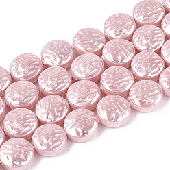 Pink Гальванизированные стеклянные бусины, имитирующие жемчуг, плоско-круглые, гальваническое покрытие, розовые, 10x5 мм, отверстие : 0.7~0.9 мм, около 36~37 шт / нитка, 14.76~15.55 дюйм (37.5~39.5 см)