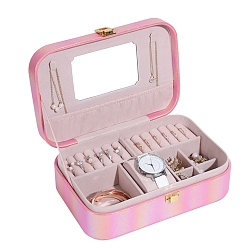 Hot Pink Rectangle PU Imitation Leather Jewelry Storage Boxes with Mirror Inside, for Necklaces Bracelets Earrings Rings, Hot Pink, 22x15x7cm
