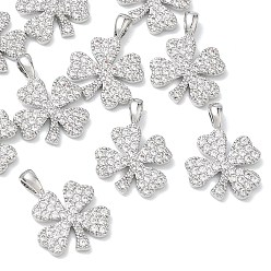 Platinum SHEGRACE Brass Clear Cubic Zirconia Pendants, Four Leaf Clover Charms, Cadmium Free & Lead Free & Nickel Free, Platinum, 18x13.5x4mm, Hole: 4x2.5mm