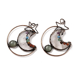 Хрусталь Подвески из натурального зеленого авантюрина и кварцевого кристалла в форме звезды и луны из латуни, обереги из драгоценных камней чакры, Красная медь, 65~66x49~50x14~15 мм, отверстие : 6 мм