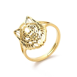 Настоящее золото 18K Ионное покрытие (ip) 304 перстни из нержавеющей стали, регулируемое кольцо с полой волчьей головой для женщин, реальный 18 k позолоченный, внутренний диаметр: 16.5 мм