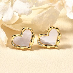 Настоящее золото 18K Серьги-пусеты из латуни с микропаве и прозрачным фианитом, с оболочкой, долговечный, без свинца и без кадмия, сердце, реальный 18 k позолоченный, 16.5x20 мм