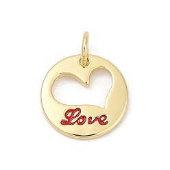 Настоящее золото 18K Латунь эмаль прелести, с целью перехода в кольце, плоские круглые подвески с сердцем и надписью «любовь», долговечный, без свинца и без кадмия, стойки покрытие, реальный 18 k позолоченный, 12.5x1.5 мм, отверстие : 3.5 мм