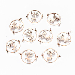 Розовое Золото 304 соединительные звенья нержавеющие, лазерная резка, плоский раунд с рождественским оленем, розовое золото , 14x17x1 мм, Перейти кольцо: 3x0.4 мм, 2.2 мм внутренним диаметром