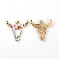Разноцветный Цинк подвески эмали сплава, форма головы быка с подвесками в виде цветочного узора, красочный, 22x21x2.5 мм, отверстие : 2 мм