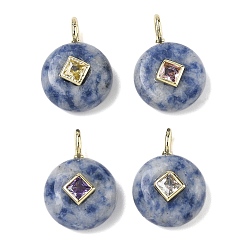 (306FM) Жонкиль матовый с лаймовой подкладкой Натуральные синие пятна яшмы подвески, плоские круглые подвески с латунной микропаве из кубических цирконий случайных цветов, золотые, 22x16x6.5~8 мм, отверстие : 2.5x4 мм