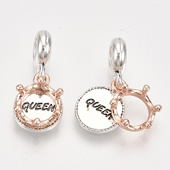 Platinum & Rose Gold Alloy European Dangle Charms,  Large Hole Pendants, Crown and Flat Round with Word Queen, Antique Silver & Rose Gold, 24mm, Hole: 4.5mm