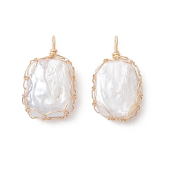 Золотой Подвески из натурального барочного жемчуга, жемчуга Кеши, обвитые медной проволокой, прямоугольник амулеты, белые, золотые, 26~26.5x15~16x6~8 мм, отверстие : 3 мм