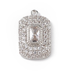 Clear Rack Plating Brass Micro Pave Cubic Zirconia Pendants, Rectangle Charm, Cadmium Free & Lead Free, Long-Lasting Plated, Platinum, Clear, 17x10x4mm, Hole: 1mm