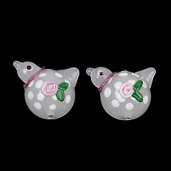White Handmade Lampwork Beads, Peace Dove with Flower, White, 19x25x11mm, Hole: 1.8mm