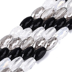 Black Electroplate Mixed Styles Glass Beads Strands, Rice, Faceted, Black, 9.5~10.5x6~6.5mm, Hole: 1~1.4mm, about 44~45pcs/strand, 17.52~17.91 inch(44.5~45.5cm)