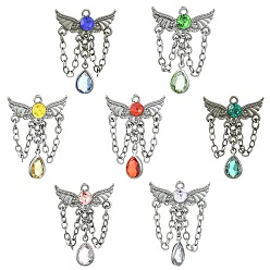 Mixed Color 14Pcs 7 Colors Alloy with Resin Rhinestone Pendants, Wing with Teardrop Charms, Gunmetal, Mixed Color, 30x22x4mm, Hole: 1.2mm, 2pcs/color