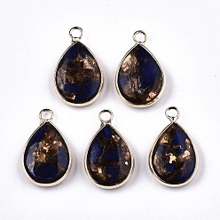 Lapis Lazuli Fan Assembled Synthetic Bronzite and Lapis Lazuli Pendants, with Iron Loop and Brass Edge, Light Gold, 22~23x14x5~6mm, Hole: 2mm