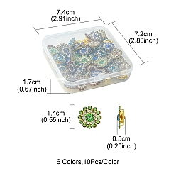 Mixed Color 60Pcs 6 Colors Rhinestone Buttons, with Golden Tone Iron Findings, Flower, Mixed Color, 14x5mm, 10pcs/color