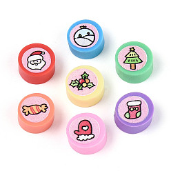 Разноцветный Печатные бусины из полимерной глины ручной работы, плоско-круглые, красочный, 9~10x4~5 мм, отверстие : 1.8~2 мм