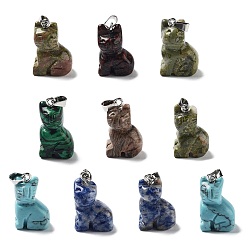 Mixed Stone Natural & Synthetic Mixed Gemstone Pendants, Cat Shape Charms with Platinum Plated Metal Snap on Bails, Mixed Dyed and Undyed, 24x15.5x10mm, Hole: 3.5x5.5mm