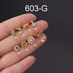 Золотой 316l серьги для хряща из хирургической нержавеющей стали с микропаве из кубического циркония, черепаха, золотые, 6 мм, штифты : 0.8 мм