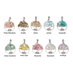 Смешанные камни 10 шт. 10 стили подвески из натуральных смешанных драгоценных камней, Подвески из сплава «Древо жизни», платина, 35x25x6.5 мм, отверстие : 6x4 мм, 10 шт / комплект