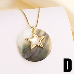 Star Summer Beach Brass & Natural Paua Shell Flat Round Pendant Necklaces for Women, Golden, Star, 17.72 inch(45cm), pendant: 30mm & 18mm