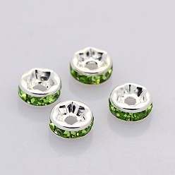 Peridot Brass Rhinestone Spacer Beads, Grade AAA, Straight Flange, Nickel Free, Silver Color Plated, Rondelle, Peridot, 4x2mm, Hole: 0.8mm