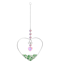 Зеленый Авантюрин Натуральные зеленые авантюриновые чипсы проволочные металлические подвесные украшения в форме сердца, стеклянные сердечки-кисточки для ловцов солнца для дома и сада, украшения для улицы, 270 мм