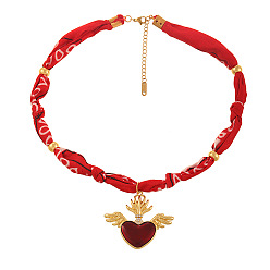 Wing Женские ожерелья из латунного шнура с подвеской из темно-красной эмали и набивным рисунком, золотые, сердце с крыльями, 15.75 дюйм (40 см), Кулон : 48x42 мм