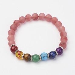 Cherry Quartz Glass Cherry Quartz Glass Beaded and Gemstone Beaded Stretch Bracelets, with Alloy Spacer Beads, Frosted, 1-7/8 inch~2 inch(49~50mm)
